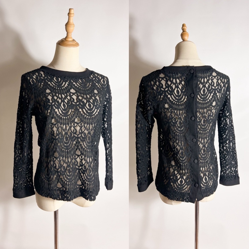 BANANA REPUBLIC Lace Sheer Button Back Black Top Small